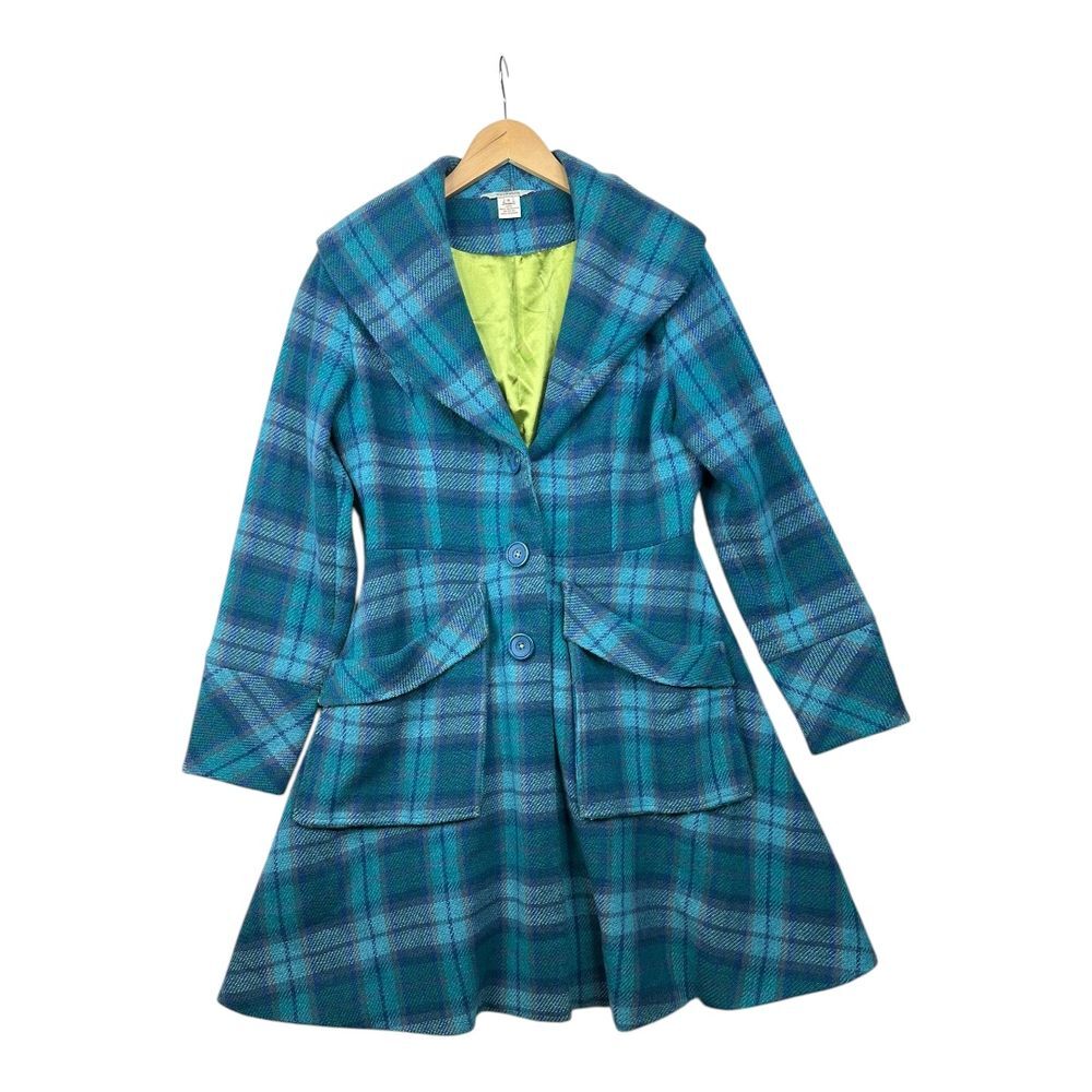 Sundance Teal & Blue Plaid Wool Pea Coat